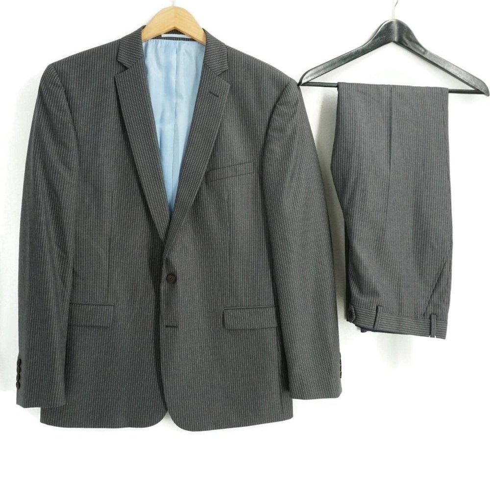 Charles Tyrwhitt Mens Suit Two Piece Gray Striped Wool Size 46L / 38 x 32 Slim